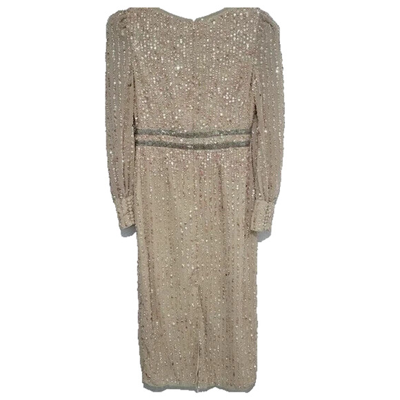 Mac Duggal NWT SEQUINED V-NECK BISHOP SLEEVED DRESS SZ 4 NUDE PINK SILVER 93593 - Picture 5 of 8